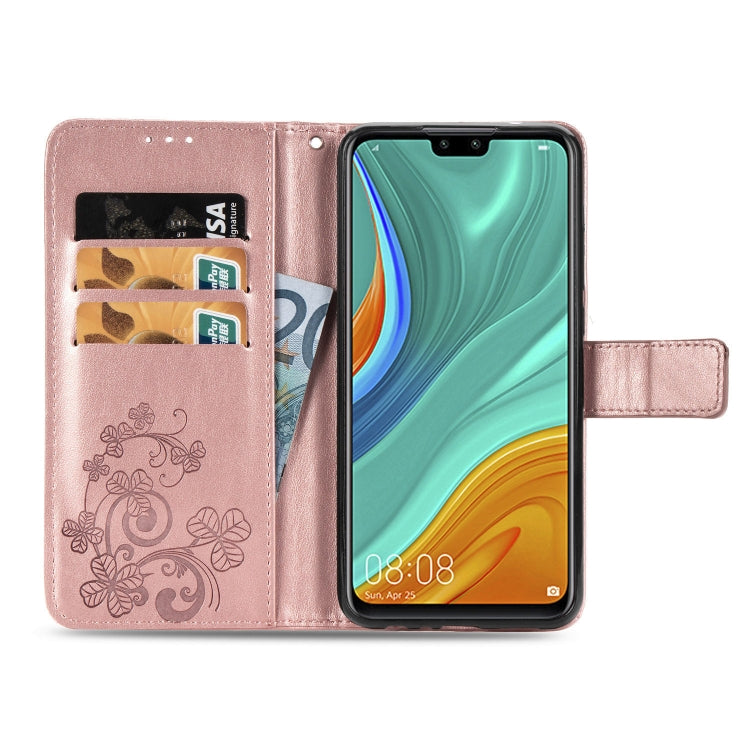 For Huawei Y8S Four-leaf Clasp Embossed Buckle Mobile Phone Protection Leather Case with Lanyard & Card Slot & Wallet & Bracket Function