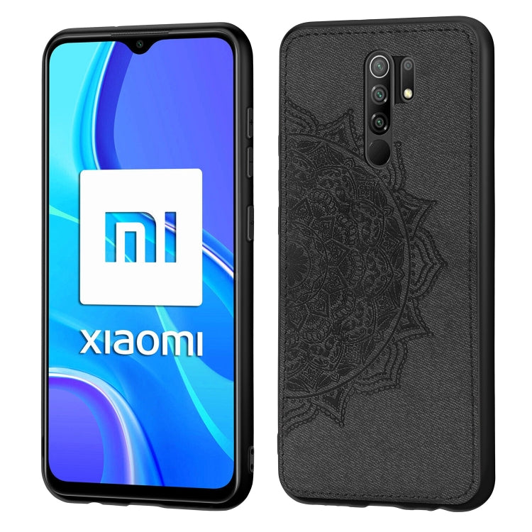 For Xiaomi Redmi 9 Mandala Embossed Cloth Cover PC + TPU Mobile Phone Case with Magnetic Function and Hand Strap