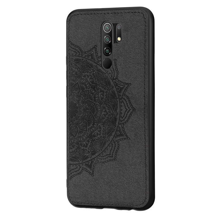 For Xiaomi Redmi 9 Mandala Embossed Cloth Cover PC + TPU Mobile Phone Case with Magnetic Function and Hand Strap