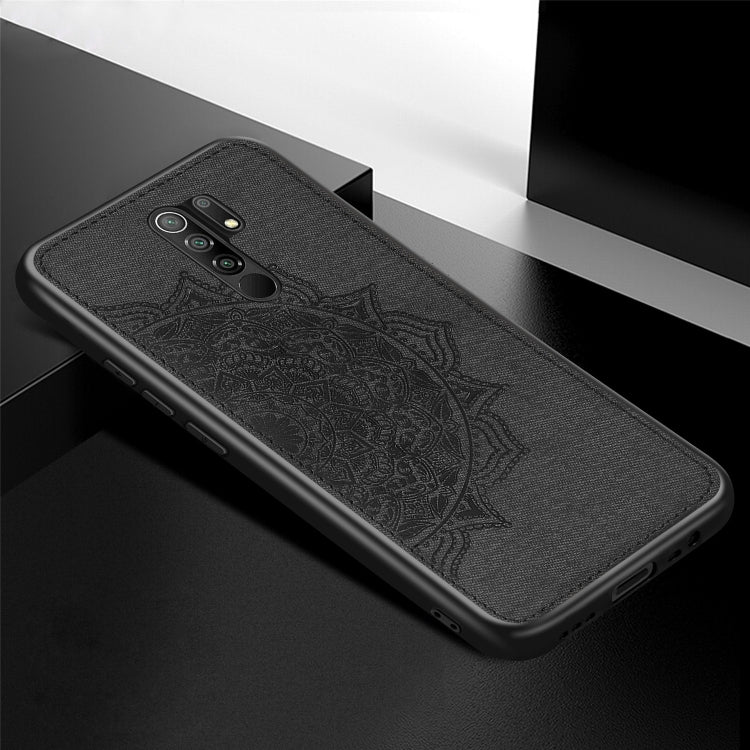 For Xiaomi Redmi 9 Mandala Embossed Cloth Cover PC + TPU Mobile Phone Case with Magnetic Function and Hand Strap