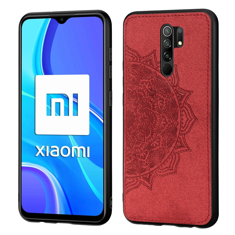 For Xiaomi Redmi 9 Mandala Embossed Cloth Cover PC + TPU Mobile Phone Case with Magnetic Function and Hand Strap