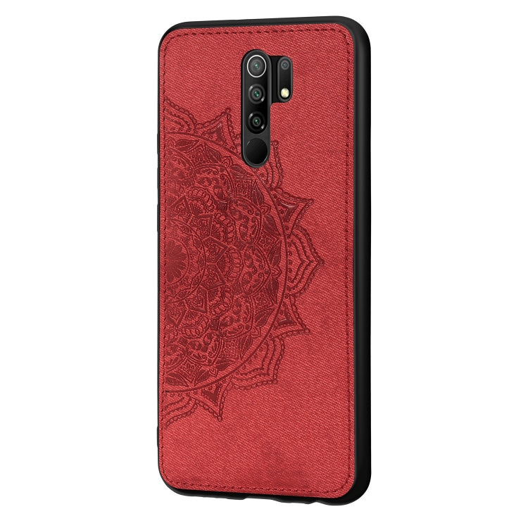 For Xiaomi Redmi 9 Mandala Embossed Cloth Cover PC + TPU Mobile Phone Case with Magnetic Function and Hand Strap