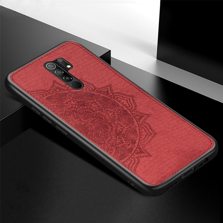 For Xiaomi Redmi 9 Mandala Embossed Cloth Cover PC + TPU Mobile Phone Case with Magnetic Function and Hand Strap