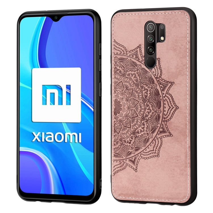 For Xiaomi Redmi 9 Mandala Embossed Cloth Cover PC + TPU Mobile Phone Case with Magnetic Function and Hand Strap