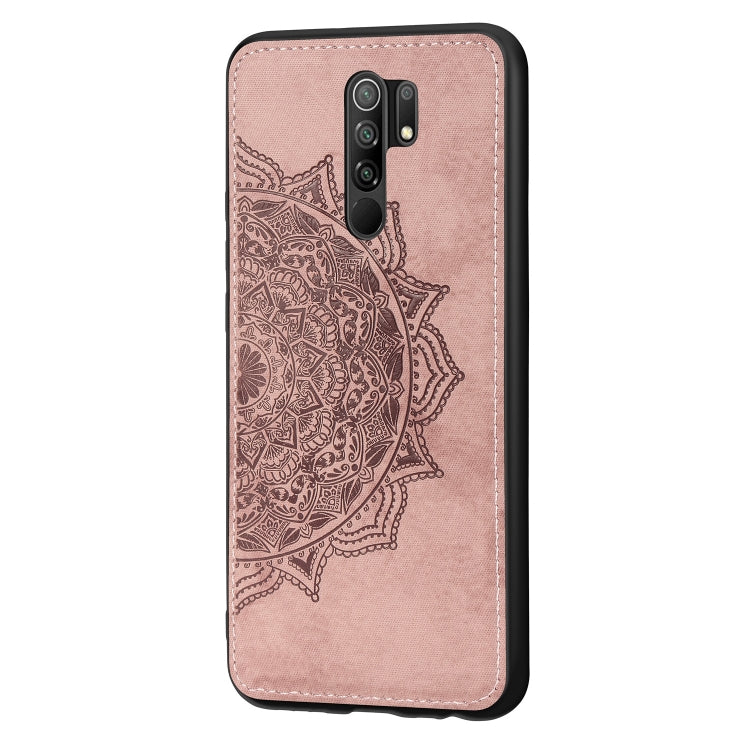 For Xiaomi Redmi 9 Mandala Embossed Cloth Cover PC + TPU Mobile Phone Case with Magnetic Function and Hand Strap