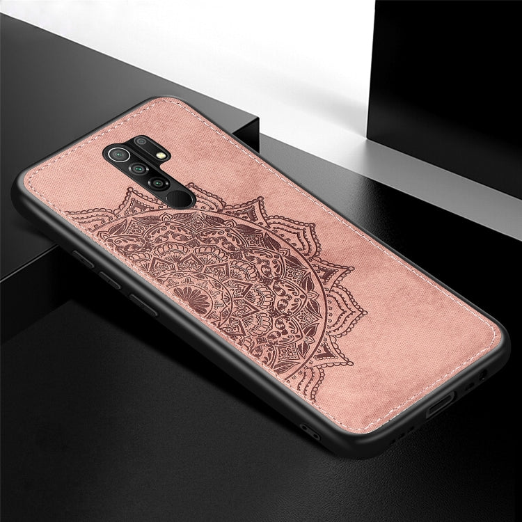 For Xiaomi Redmi 9 Mandala Embossed Cloth Cover PC + TPU Mobile Phone Case with Magnetic Function and Hand Strap