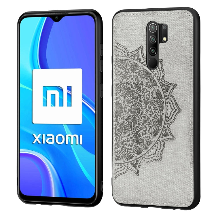 For Xiaomi Redmi 9 Mandala Embossed Cloth Cover PC + TPU Mobile Phone Case with Magnetic Function and Hand Strap