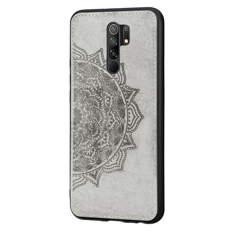 For Xiaomi Redmi 9 Mandala Embossed Cloth Cover PC + TPU Mobile Phone Case with Magnetic Function and Hand Strap