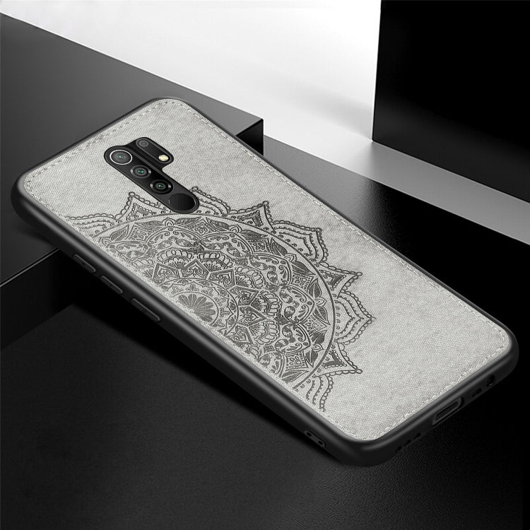 For Xiaomi Redmi 9 Mandala Embossed Cloth Cover PC + TPU Mobile Phone Case with Magnetic Function and Hand Strap