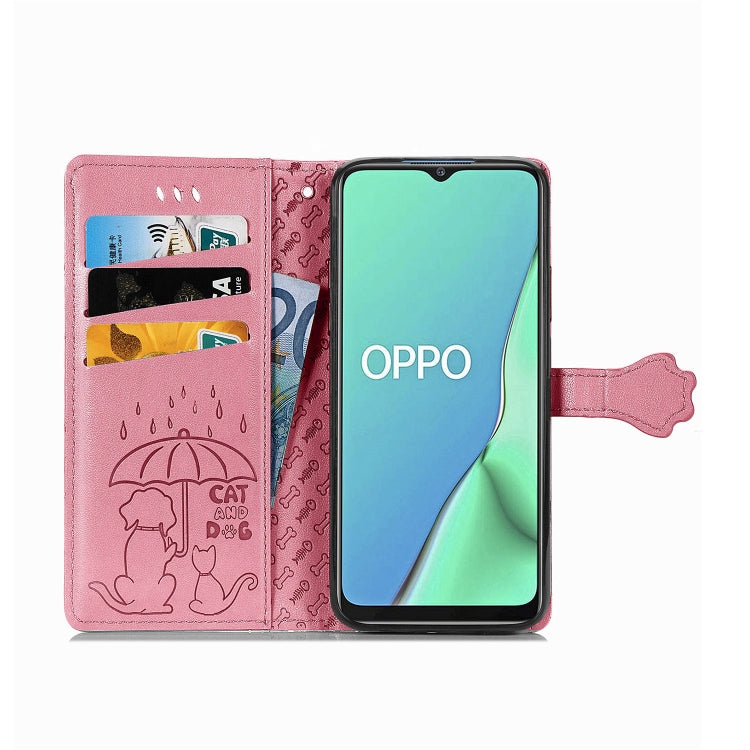 For OPPO A5 (2020) / A9 (2020) Cute Cat and Dog Embossed Horizontal Flip Leather Case with Holder & Card Slots & Wallet & Cartoon Clasp & Lanyard