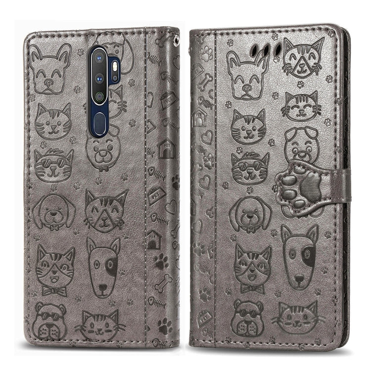 For OPPO A5 (2020) / A9 (2020) Cute Cat and Dog Embossed Horizontal Flip Leather Case with Holder & Card Slots & Wallet & Cartoon Clasp & Lanyard