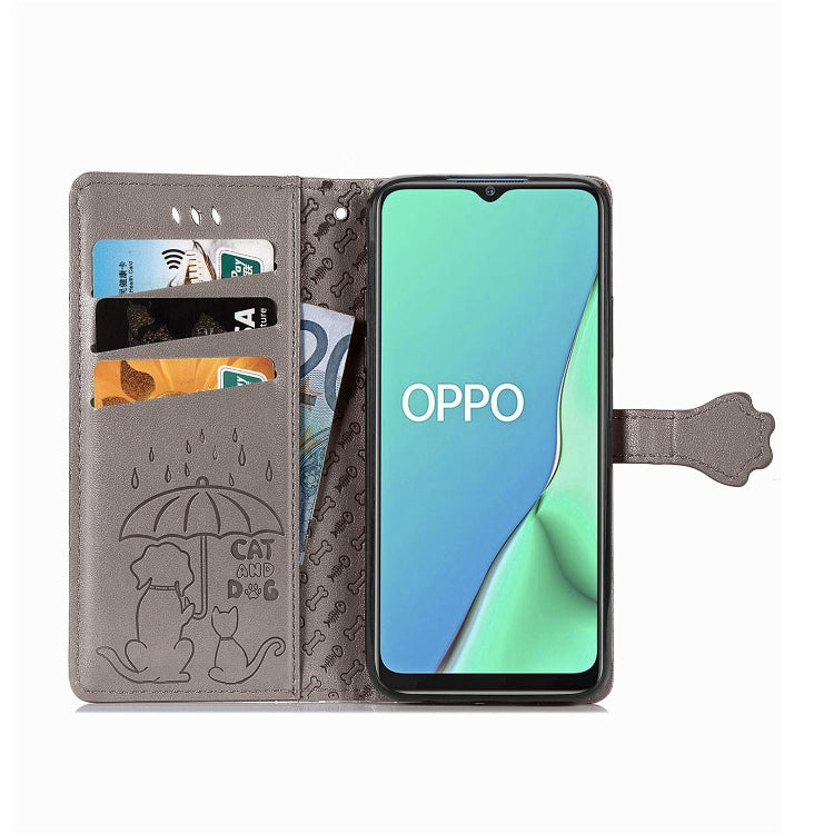 For OPPO A5 (2020) / A9 (2020) Cute Cat and Dog Embossed Horizontal Flip Leather Case with Holder & Card Slots & Wallet & Cartoon Clasp & Lanyard