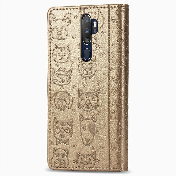 For OPPO A5 (2020) / A9 (2020) Cute Cat and Dog Embossed Horizontal Flip Leather Case with Holder & Card Slots & Wallet & Cartoon Clasp & Lanyard
