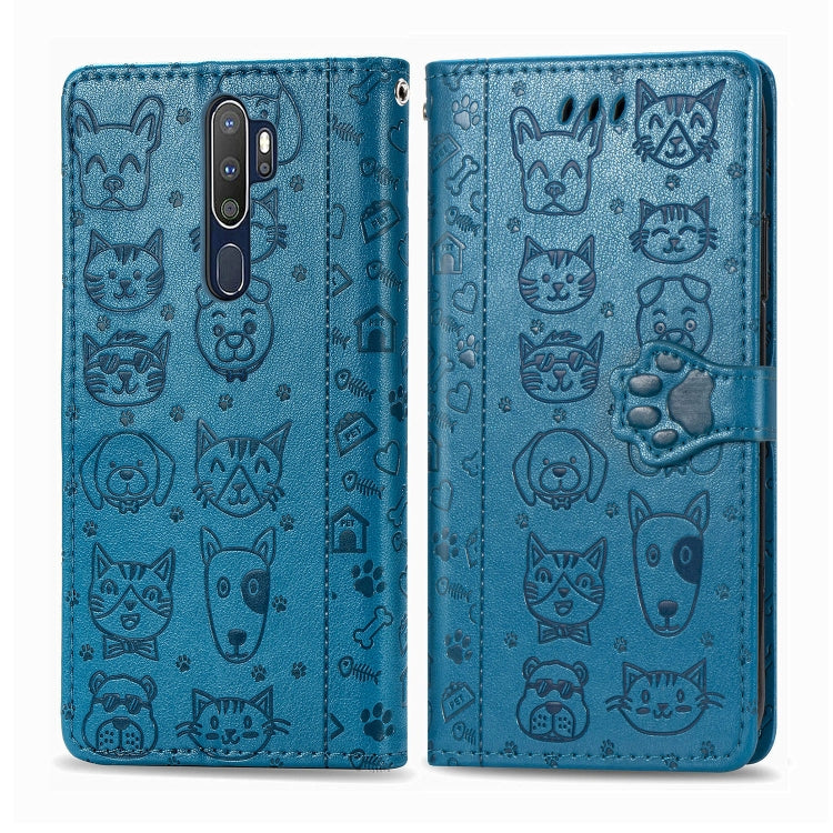 For OPPO A5 (2020) / A9 (2020) Cute Cat and Dog Embossed Horizontal Flip Leather Case with Holder & Card Slots & Wallet & Cartoon Clasp & Lanyard
