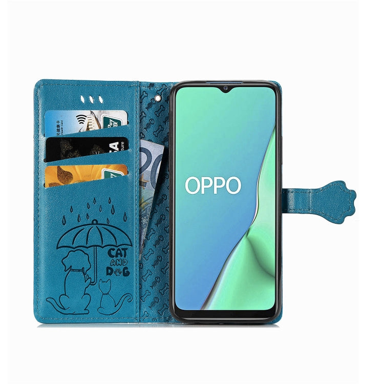 For OPPO A5 (2020) / A9 (2020) Cute Cat and Dog Embossed Horizontal Flip Leather Case with Holder & Card Slots & Wallet & Cartoon Clasp & Lanyard