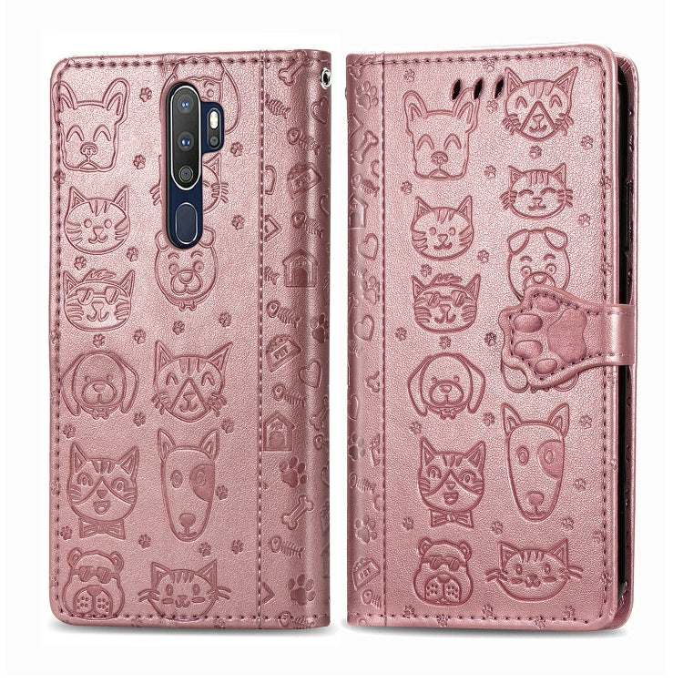 For OPPO A5 (2020) / A9 (2020) Cute Cat and Dog Embossed Horizontal Flip Leather Case with Holder & Card Slots & Wallet & Cartoon Clasp & Lanyard
