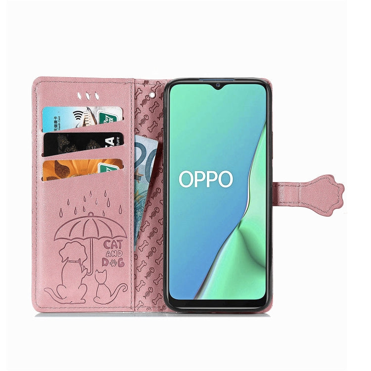For OPPO A5 (2020) / A9 (2020) Cute Cat and Dog Embossed Horizontal Flip Leather Case with Holder & Card Slots & Wallet & Cartoon Clasp & Lanyard