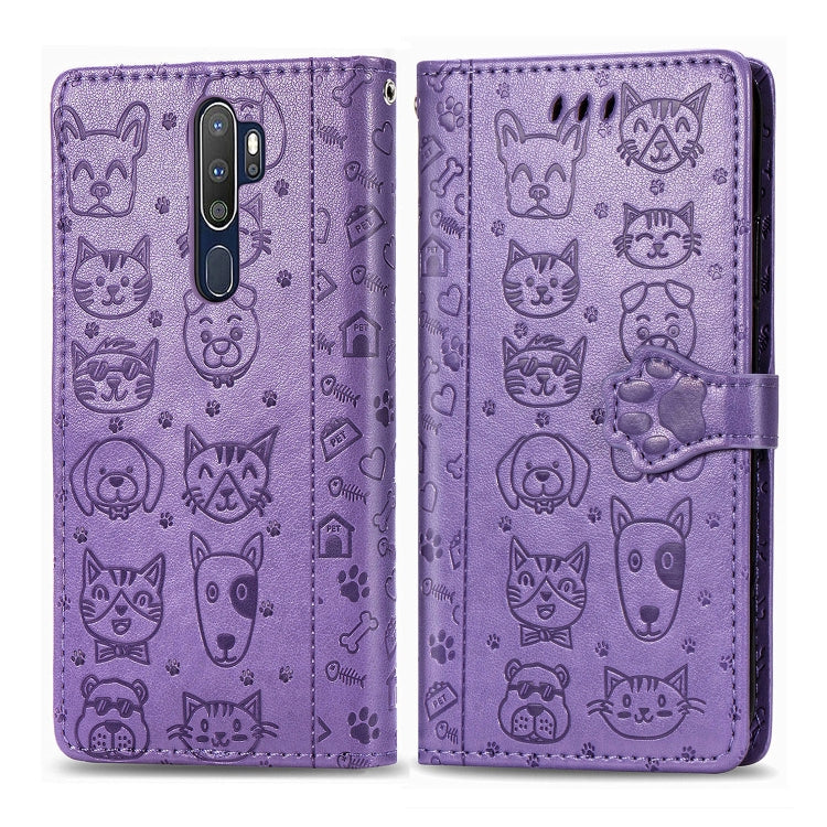 For OPPO A5 (2020) / A9 (2020) Cute Cat and Dog Embossed Horizontal Flip Leather Case with Holder & Card Slots & Wallet & Cartoon Clasp & Lanyard