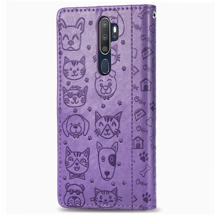 For OPPO A5 (2020) / A9 (2020) Cute Cat and Dog Embossed Horizontal Flip Leather Case with Holder & Card Slots & Wallet & Cartoon Clasp & Lanyard