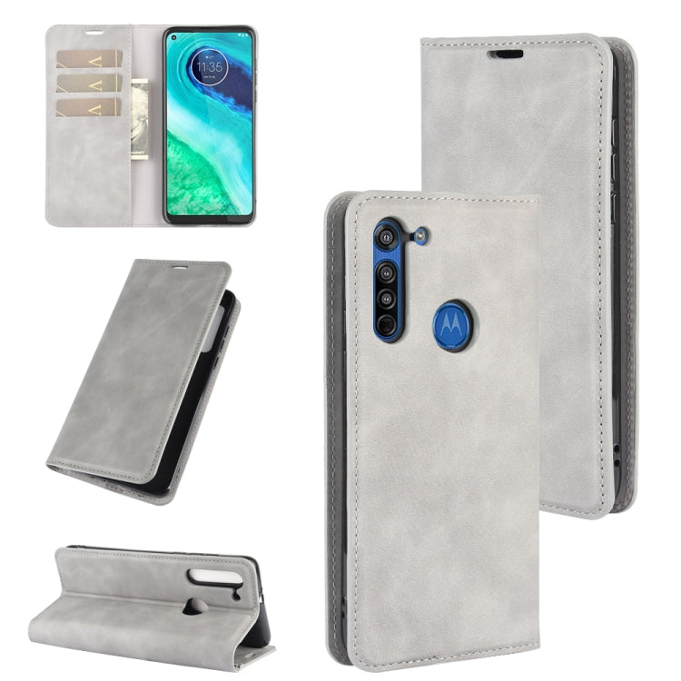 For Motorola Moto G8 Retro-skin Business Magnetic Suction Leather Case with Holder & Card Slots & Wallet