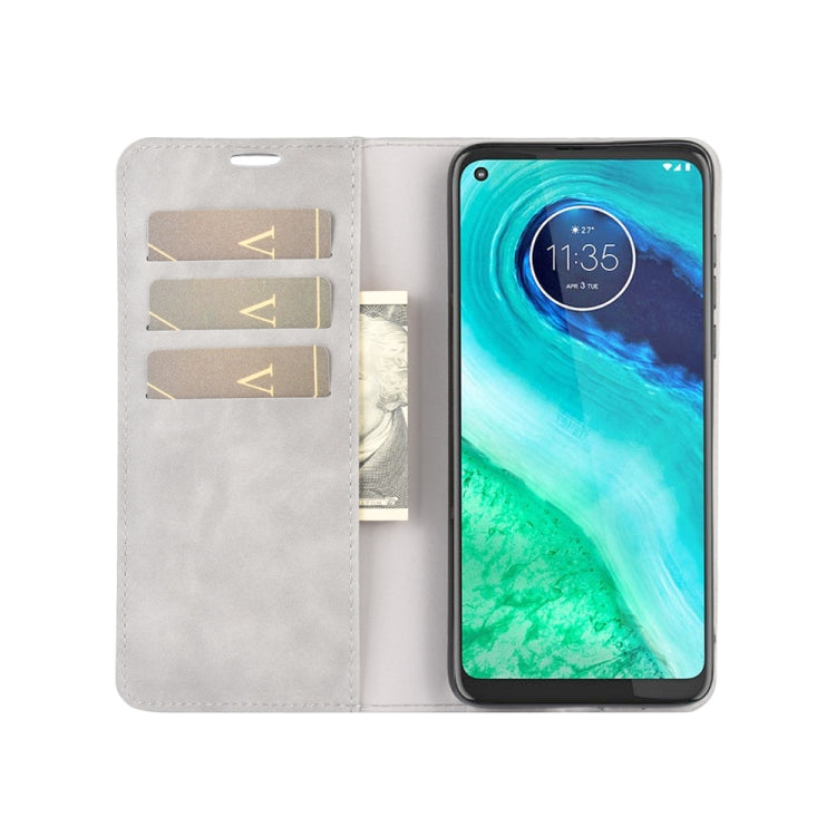 For Motorola Moto G8 Retro-skin Business Magnetic Suction Leather Case with Holder & Card Slots & Wallet