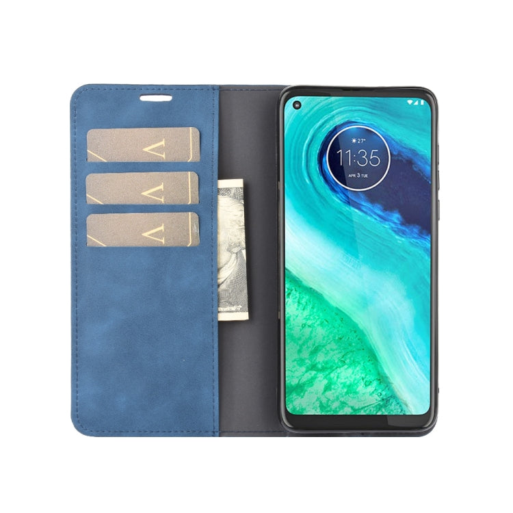 For Motorola Moto G8 Retro-skin Business Magnetic Suction Leather Case with Holder & Card Slots & Wallet
