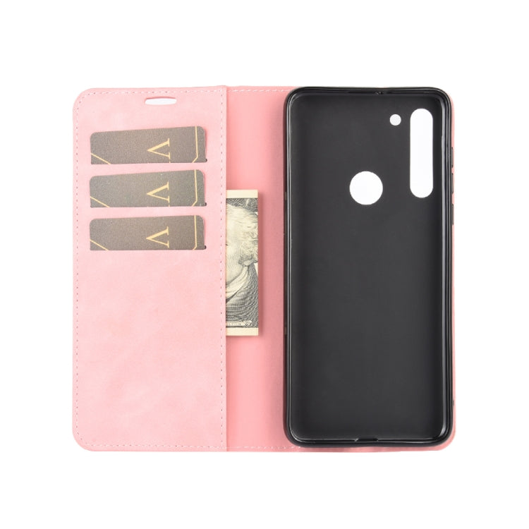 For Motorola Moto G8 Retro-skin Business Magnetic Suction Leather Case with Holder & Card Slots & Wallet