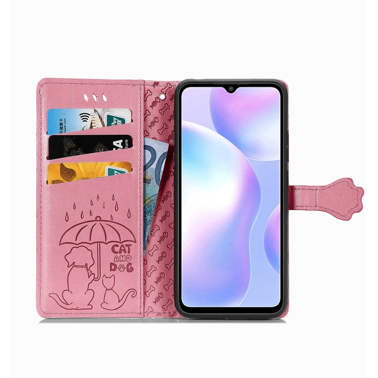For Xiaomi Redmi 9A Cute Cat and Dog Embossed Horizontal Flip Leather Case with Holder & Card Slots & Wallet & Lanyard
