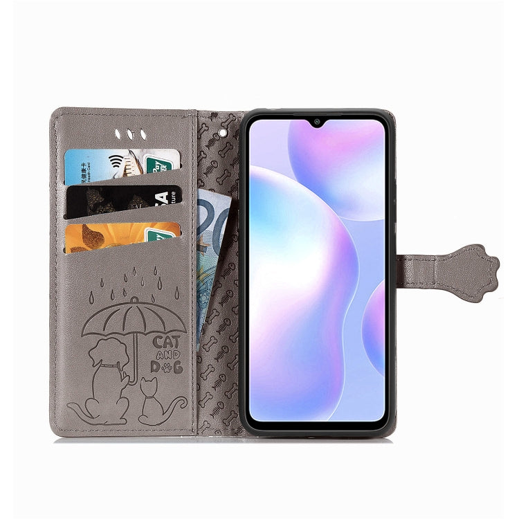 For Xiaomi Redmi 9A Cute Cat and Dog Embossed Horizontal Flip Leather Case with Holder & Card Slots & Wallet & Lanyard