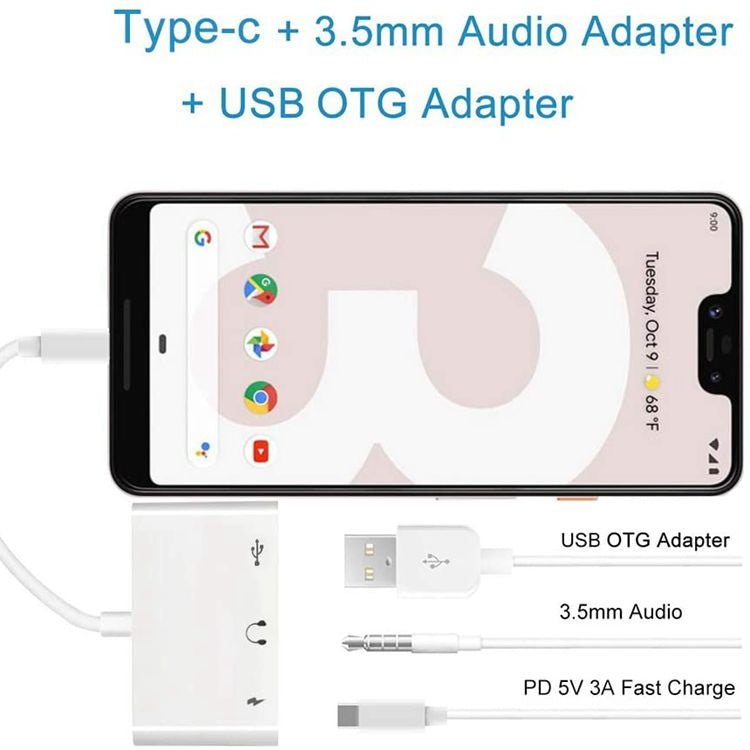 3 in 1 USB-C OTG Adapter with 3.5mm Headphone Jack, Compatible for iPad Pro and Type-C Jack Phone