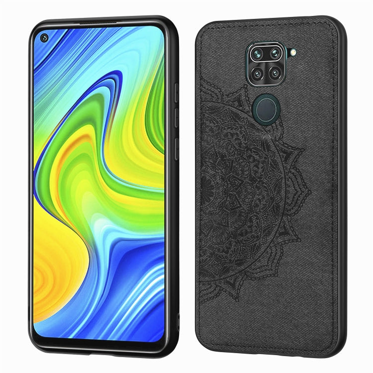 For Xiaomi Redmi 10X / Note 9 (4G) Mandala Embossed Cloth Cover PC + TPU Mobile Phone Case with Magnetic Function and Hand Strap