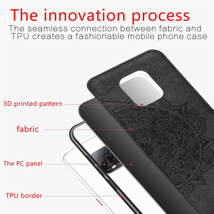 For Xiaomi Redmi 10X / Note 9 (4G) Mandala Embossed Cloth Cover PC + TPU Mobile Phone Case with Magnetic Function and Hand Strap
