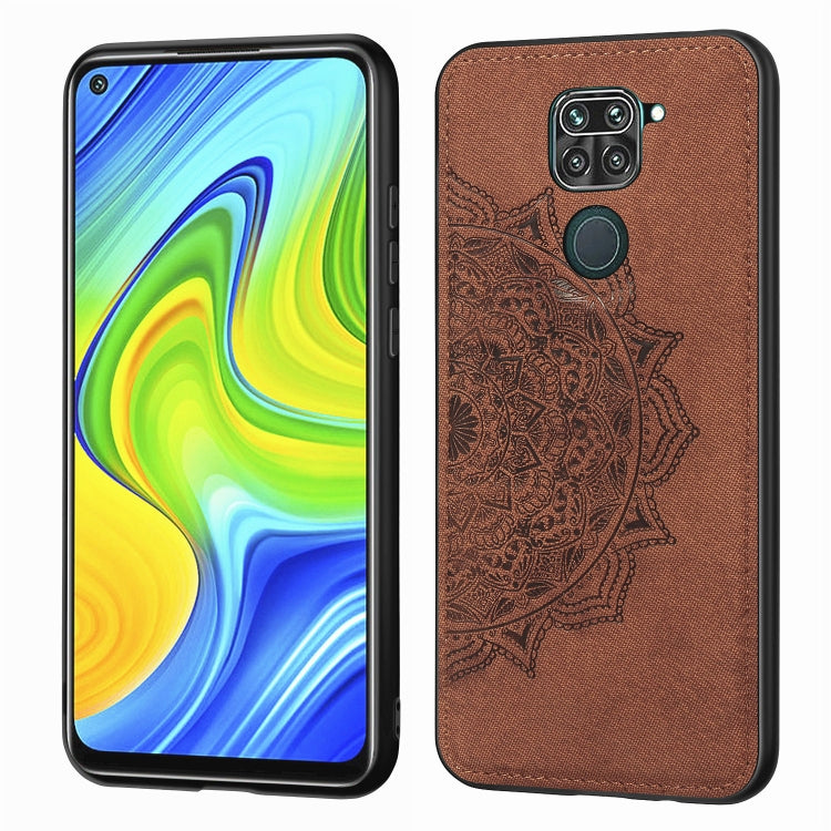 For Xiaomi Redmi 10X / Note 9 (4G) Mandala Embossed Cloth Cover PC + TPU Mobile Phone Case with Magnetic Function and Hand Strap