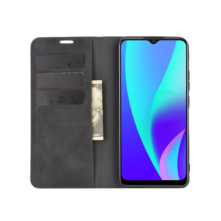 For Realme C15 Retro-skin Business Magnetic Suction Leather Case with Holder & Card Slots & Wallet