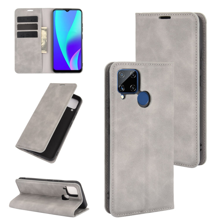 For Realme C15 Retro-skin Business Magnetic Suction Leather Case with Holder & Card Slots & Wallet