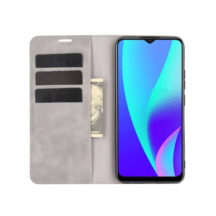 For Realme C15 Retro-skin Business Magnetic Suction Leather Case with Holder & Card Slots & Wallet