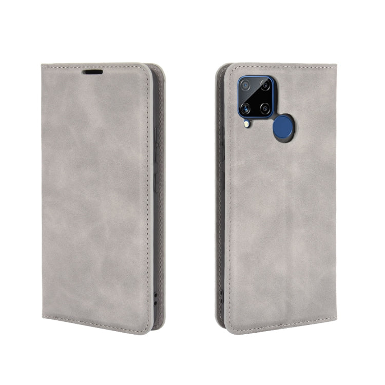 For Realme C15 Retro-skin Business Magnetic Suction Leather Case with Holder & Card Slots & Wallet