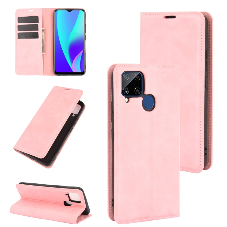 For Realme C15 Retro-skin Business Magnetic Suction Leather Case with Holder & Card Slots & Wallet