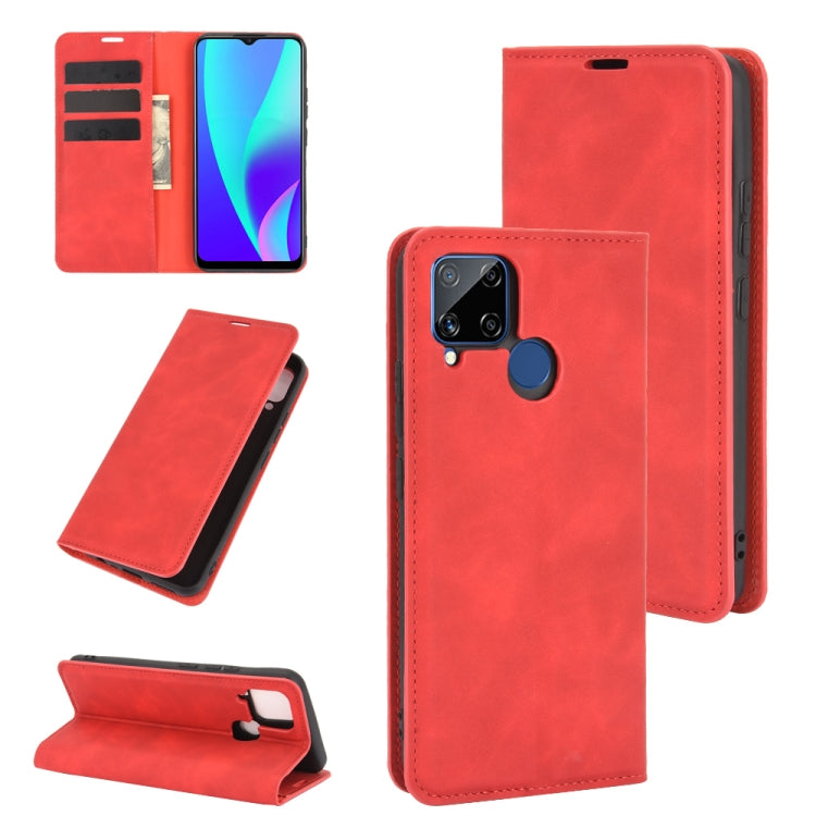 For Realme C15 Retro-skin Business Magnetic Suction Leather Case with Holder & Card Slots & Wallet