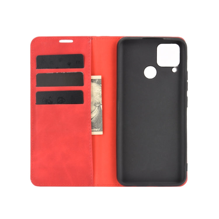 For Realme C15 Retro-skin Business Magnetic Suction Leather Case with Holder & Card Slots & Wallet