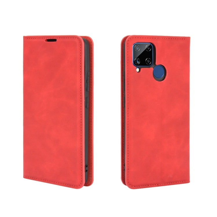For Realme C15 Retro-skin Business Magnetic Suction Leather Case with Holder & Card Slots & Wallet