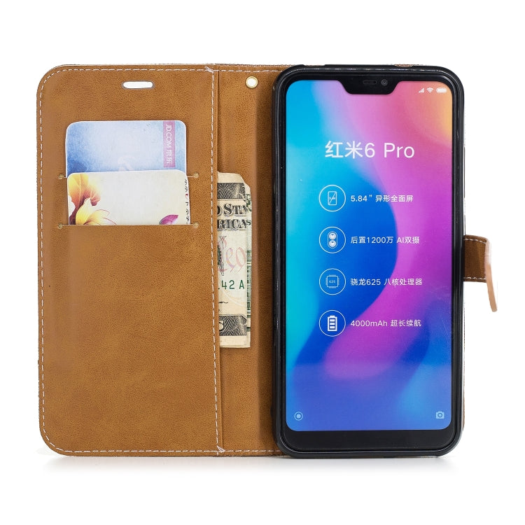 Color Matching Denim Texture Leather Case for Xiaomi Redmi 6 Pro, with Holder & Card Slots & Wallet & Lanyard