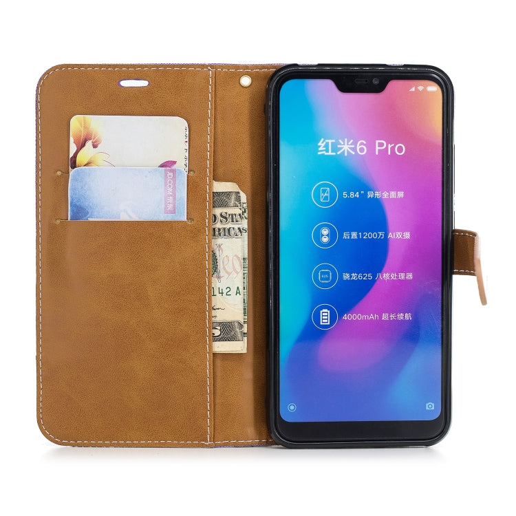 Color Matching Denim Texture Leather Case for Xiaomi Redmi 6 Pro, with Holder & Card Slots & Wallet & Lanyard