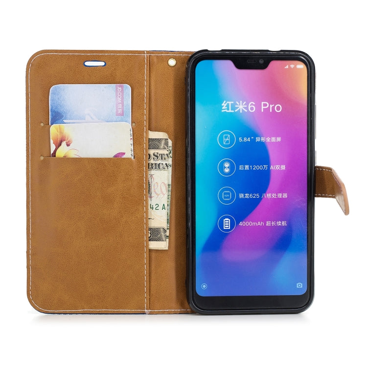 Color Matching Denim Texture Leather Case for Xiaomi Redmi 6 Pro, with Holder & Card Slots & Wallet & Lanyard