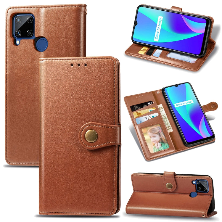For OPPO Realme C15 Retro Solid Color Leather Buckle Phone Case with Lanyard & Photo Frame & Card Slot & Wallet & Stand Function
