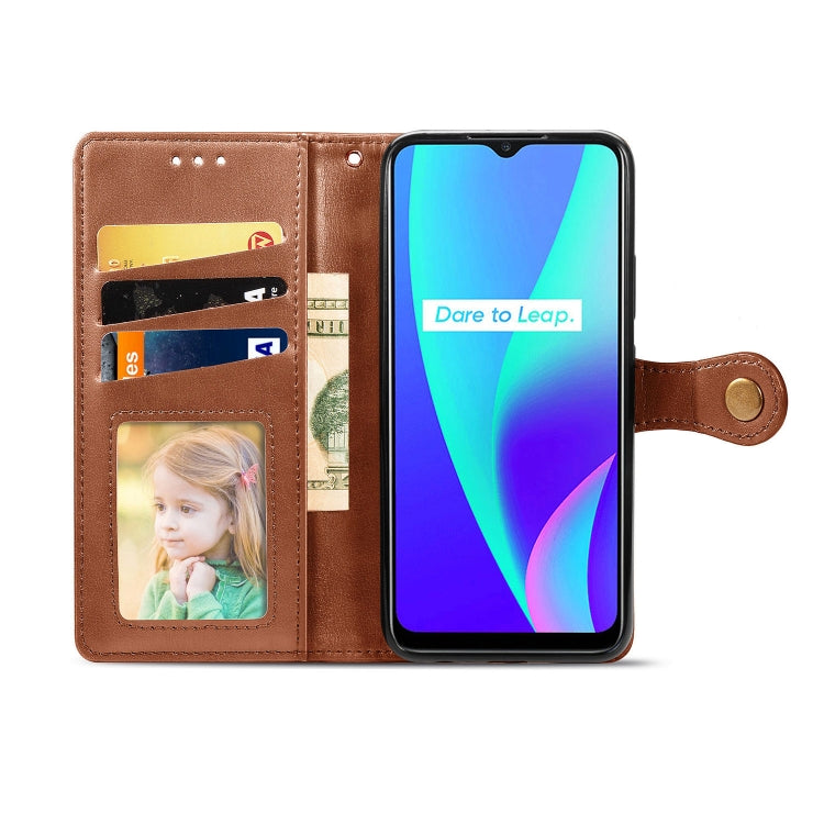 For OPPO Realme C15 Retro Solid Color Leather Buckle Phone Case with Lanyard & Photo Frame & Card Slot & Wallet & Stand Function