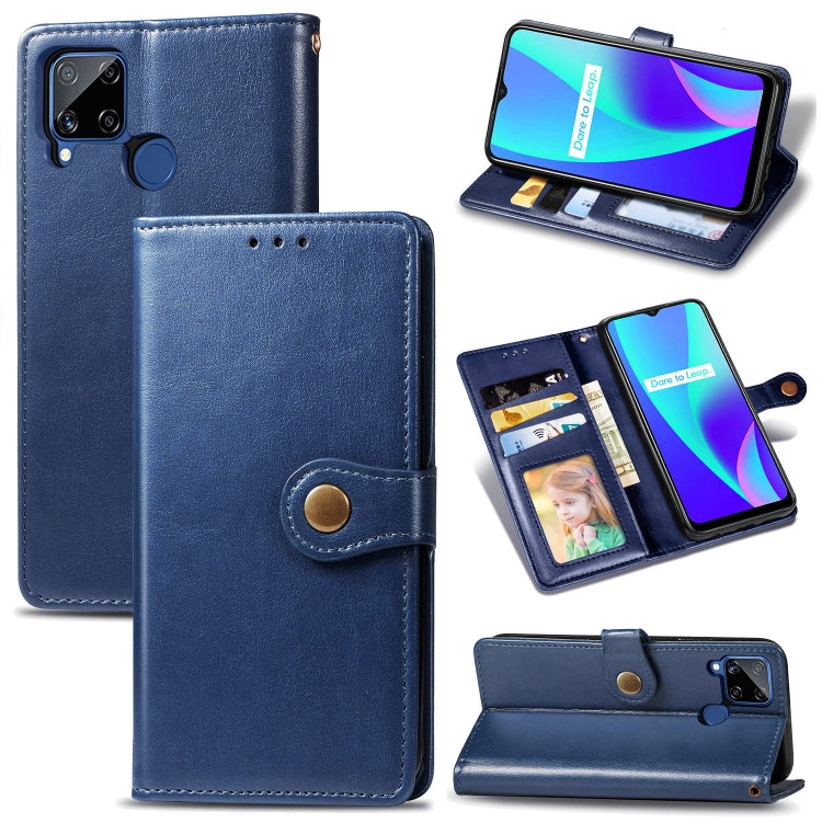 For OPPO Realme C15 Retro Solid Color Leather Buckle Phone Case with Lanyard & Photo Frame & Card Slot & Wallet & Stand Function