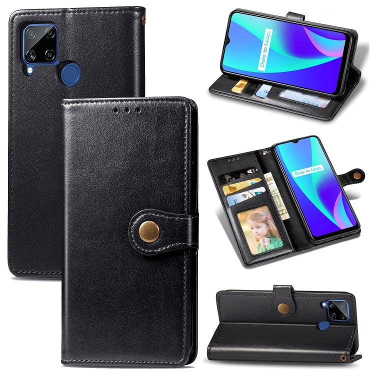 For OPPO Realme C15 Retro Solid Color Leather Buckle Phone Case with Lanyard & Photo Frame & Card Slot & Wallet & Stand Function