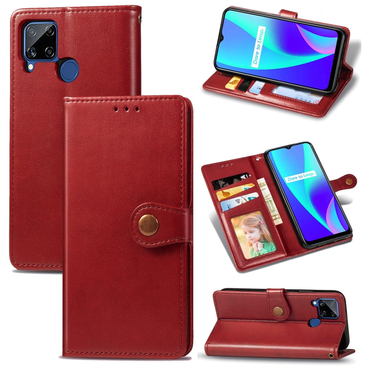 For OPPO Realme C15 Retro Solid Color Leather Buckle Phone Case with Lanyard & Photo Frame & Card Slot & Wallet & Stand Function