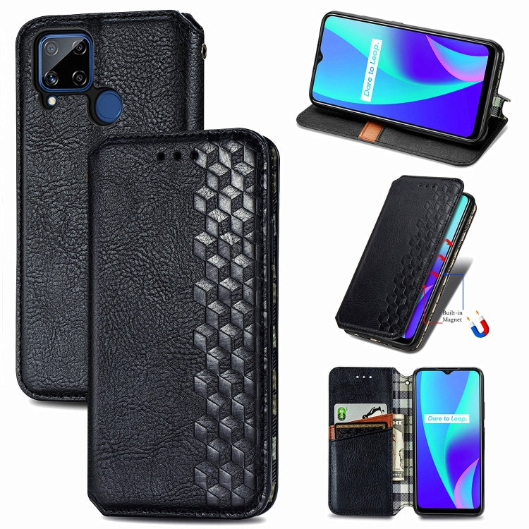 For OPPO Realme C15 Cubic Grid Pressed Horizontal Flip Magnetic PU Leather Case with Holder & Card Slots & Wallet